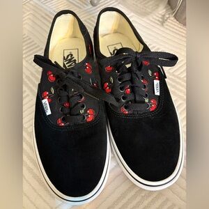 Vans Black Canvas Shoes with Red Cherry Accents
